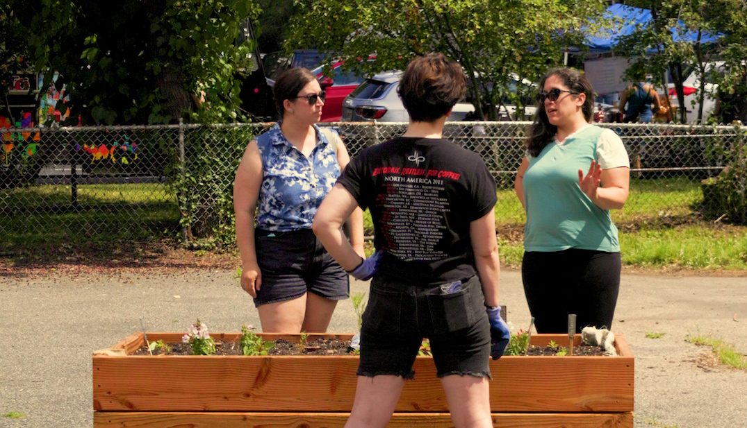 Three people talking around a raised garden bed