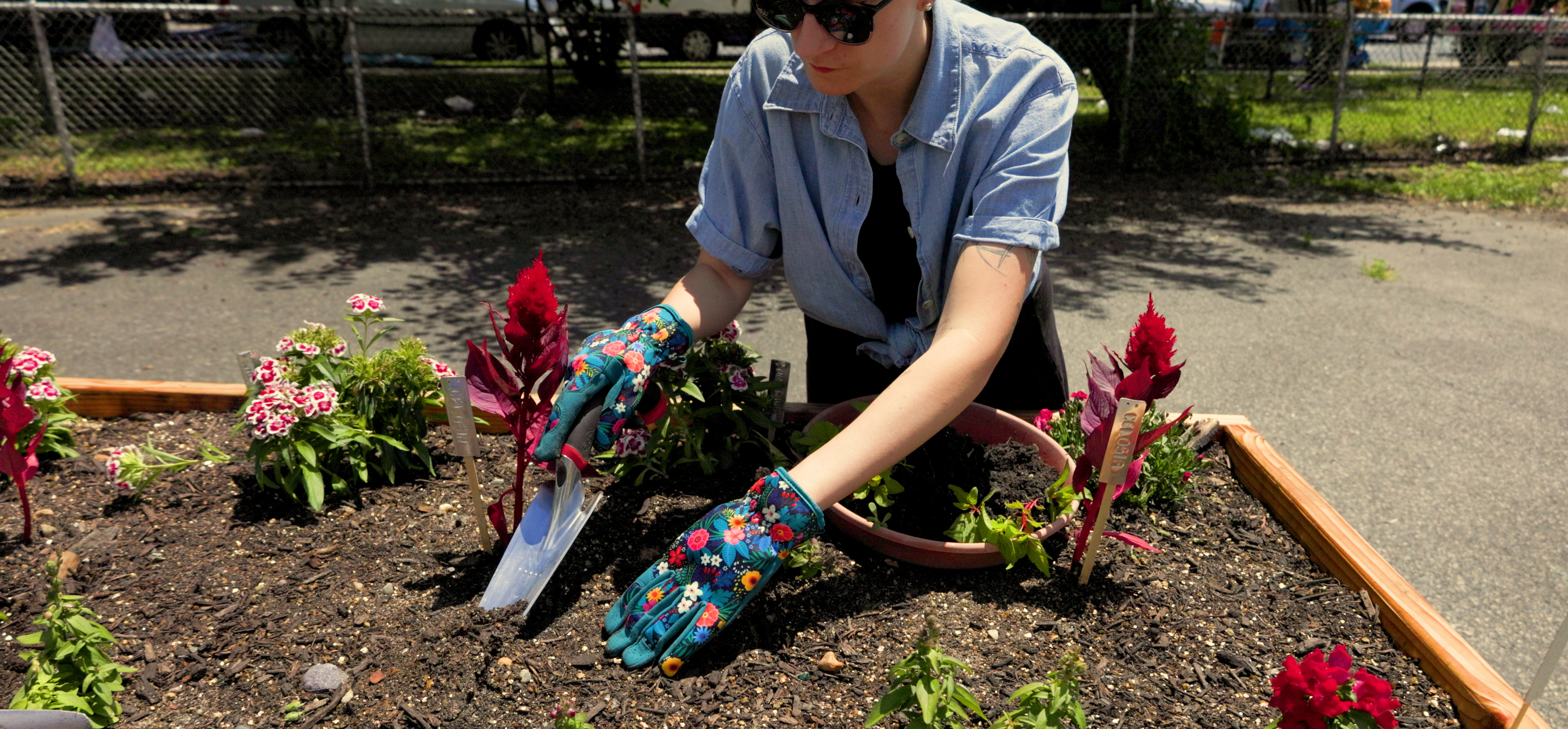 Woman using an ergonomic trowel to plant in a raised garden bed