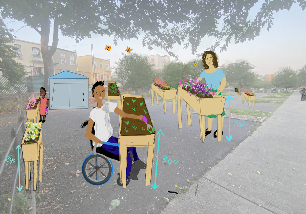 Paved lot and trees with illustrated garden beds of 24 to 36 inch height. A black woman with short stature, a male wheelchair user with medium skin tne, and a standing white woman are gardening.